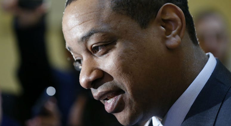 Virginia Lt. Gov. Justin Fairfax speaks to the media in the rotunda at the Capitol in Richmond, Va., Monday, Feb. 4, 2019. Justin Fairfax