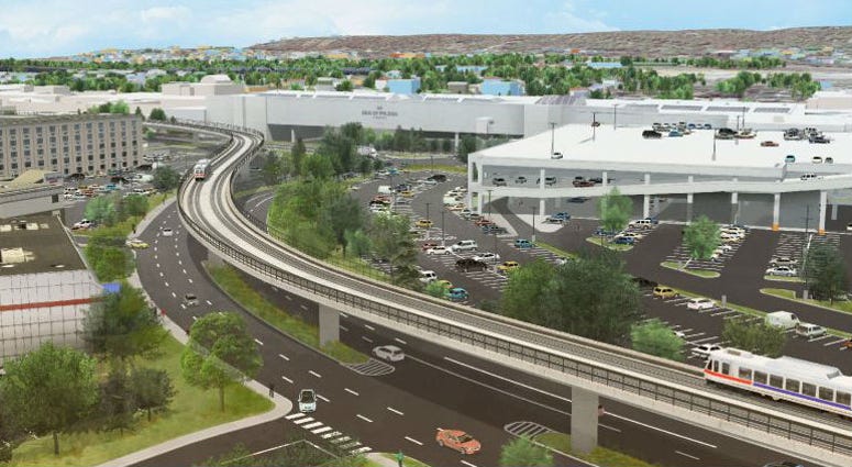 An artistic rendering of KOP rail traveling along Mall Boulevard in King of Prussia. Artistic rendering of KOP rail