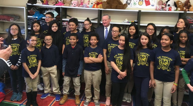 Philadelphia Mayor Jim Kenney and Pa. Rep. Elizabeth Fiedler stand with students from, Taggart elementary School in South Philly. Philadelphia Mayor Jim Kenney and Pa. Rep. Elizabeth Fiedler stand with students from, Taggart elementary School in South Philly.