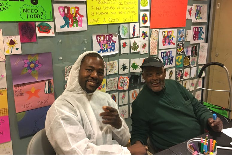 Kevin Davis and Milton "PD" Brown participate in the Mural Arts same-day pay program. Kevin Davis and Milton "PD" Brown participate in the Mural Arts same-day pay program.