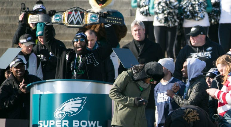 Malcolm Jenkins addresses fans at the steps of the Philadelphia Museum of Art after the Super Bowl LII Champions Philadelphia Eagles parade down Broad Street in Philadelphia. Malcolm Jenkins
