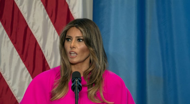 In this Sept. 20, 2017, file photo, first lady Melania Trump addresses a luncheon at the U.S. Mission to the United Nations in New York. In this Sept. 20, 2017, file photo, first lady Melania Trump addresses a luncheon at the U.S. Mission to the United Nations in New York.