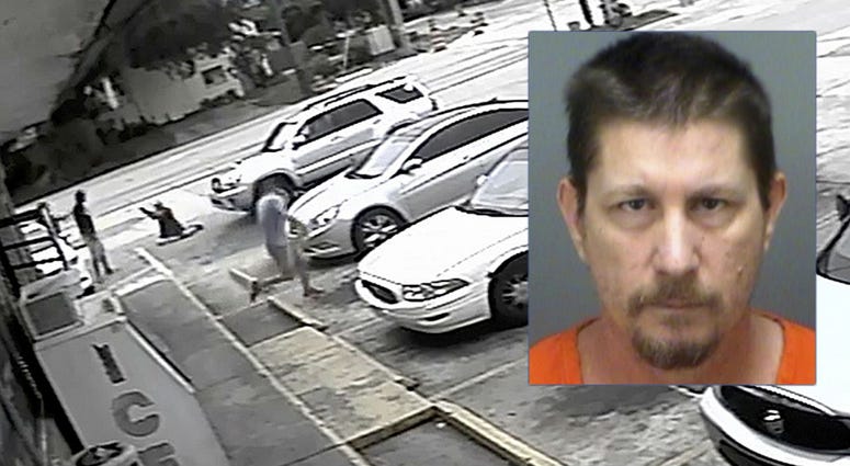 In this July 19, 2018, file frame from surveillance video, Markeis McGlockton, far left, is shot by Michael Drejka during an altercation in the parking lot of a convenience store in Clearwater, Florida. Inset: Michael Drejka Michael Drejka