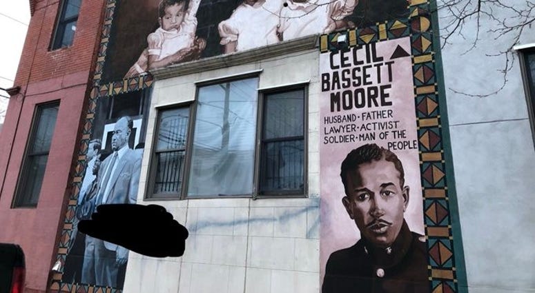 The mural of Cecil B. Moore at North Bouvier and West Jefferson streets was defaced over the weekend. The mural of Cecil B. Moore at North Bouvier and West Jefferson streets was defaced over the weekend.