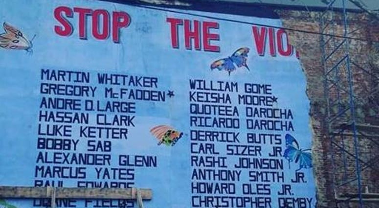Located at 20th and Tasker streets sat a mural that listed the names of children lost to violence. Located at 20th and Tasker streets sat a mural that listed the names of children lost to violence.