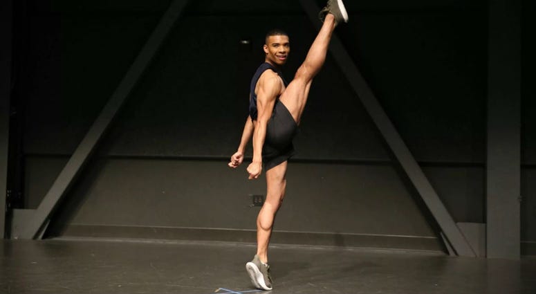 Los Angeles Rams cheerleader Napoleon Jinnies dances during his audition for the squad in March. Napoleon Jinnies