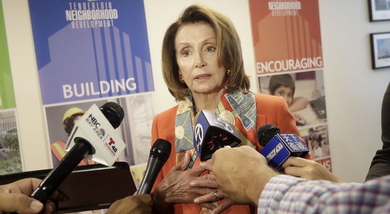 House Minority Leader Nancy Pelosi speaks to reporters after a news conference at the Tenderloin Neighborhood Development Corporation's Sala Burton Manor in San Francisco, Tuesday, Aug. 21, 2018. House Minority Leader Nancy Pelosi speaks to reporters after a news conference at the Tenderloin Neighborhood Development Corporation's Sala Burton Manor in San Francisco, Tuesday, Aug. 21, 2018.