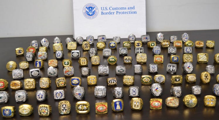 Federal authorities seized more than 100 counterfeit Super Bowl rings of varying championships. Federal authorities seized more than 100 counterfeit Super Bowl rings of varying championships.