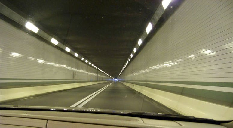 Driving westbound on Pennsylvania Turnpike inside tunnel Pennsylvania Turnpike tunnel