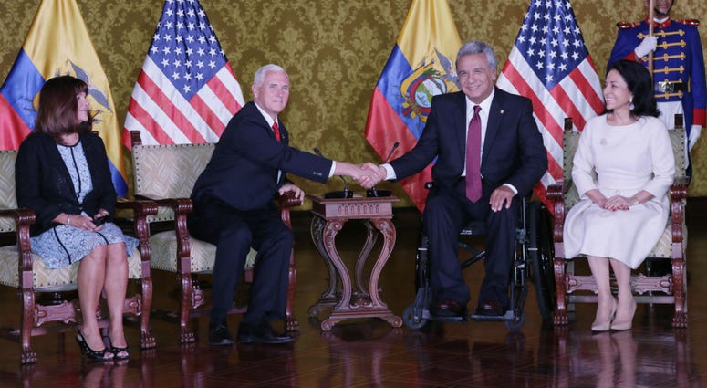 Ecuador's President Lenin Moreno, second right, and his wife Rocio, right, meet with U.S. Vice President Mike Pence, second left, and his wife Karen at the government palace in Quito, Ecuador, Thursday, June 28, 2018. Ecuador's President Lenin Moreno, second right, and his wife Rocio, right, meet with U.S. Vice President Mike Pence, second left, and his wife Karen at the government palace in Quito, Ecuador, Thursday, June 28, 2018.