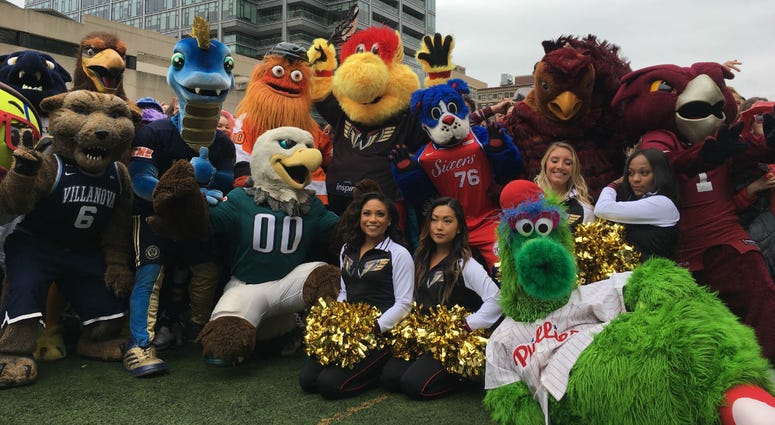 The Philadelphia Wings mascot Wingston is shown with mascot from other Philly professional and college teams. The Philadelphia Wings mascot Wingston is shown with mascot from other Philly professional and college teams.