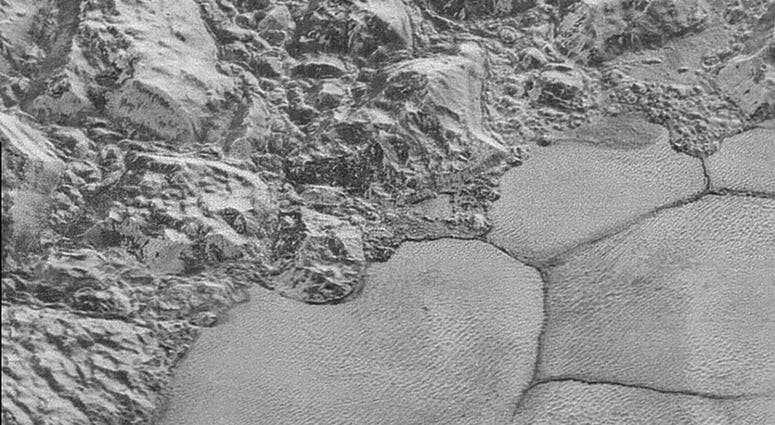 This July 2015 image made by the New Horizons spacecraft shows dunes, small ripples at bottom right, on Pluto's Sputnik Planitia ice plain. dunes on Pluto's Sputnik Planitia ice plain