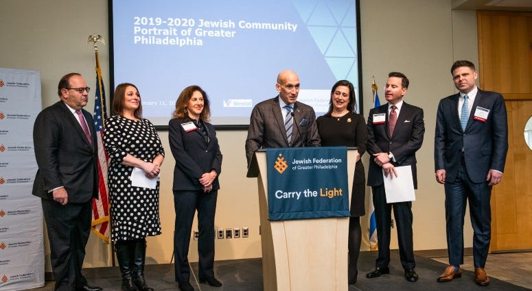 (L-R) Councilman Allan Domb, NYT Best-Selling Author Jennifer Weiner, Jewish Federation Board Chair Susanna Lachs Adler, Jewish Federation COO Steve Rosenberg, Sara Laver, Adam Laver and State Representative Jared Solomon. The Jewish Federation of Greater Philadelphia announces results of a new survey.
