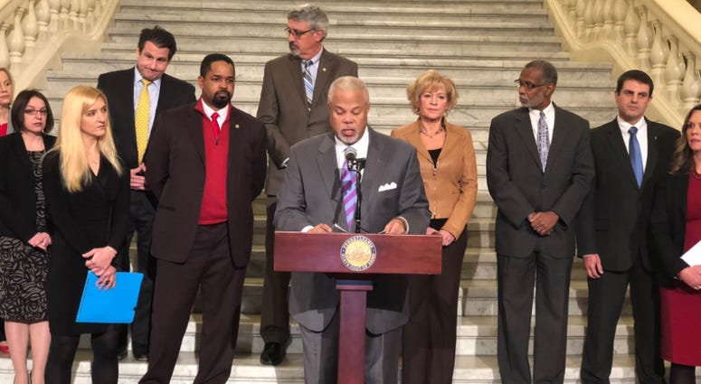 State Sen. Anthony Williams (podium) introduces Senate Bill 14, Jan. 28, 2019. The bill would reform the commonwealth's probation system. State Sen. Anthony Williams (podium) introduces Senate Bill 14.