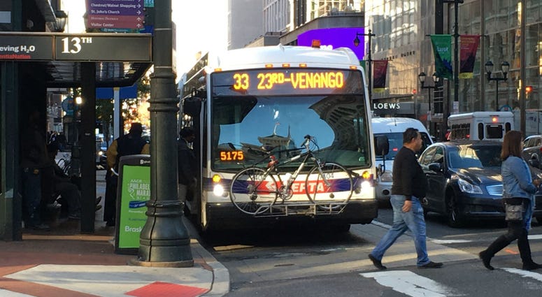 A SEPTA bus heads westward on Market Street. A SEPTA bus heads westward on Market Street.