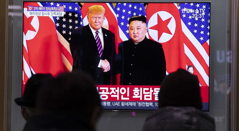 People watch a TV live broadcast on top leader of the Democratic People's Republic of Korea (DPRK) Kim Jong Un meeting with U.S. President Donald Trump in Seoul, South Korea, Feb. 27, 2019. People watch a TV live broadcast on top leader of the Democratic People's Republic of Korea (DPRK) Kim Jong Un meeting with U.S. President Donald Trump in Seoul, South Korea, Feb. 27, 2019.
