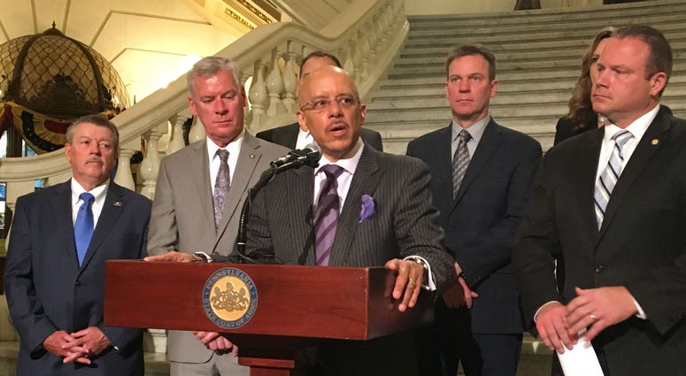 Sen. Vincent Hughes, D-Philadelphia, speaks at state Capitol in Harrisburg.