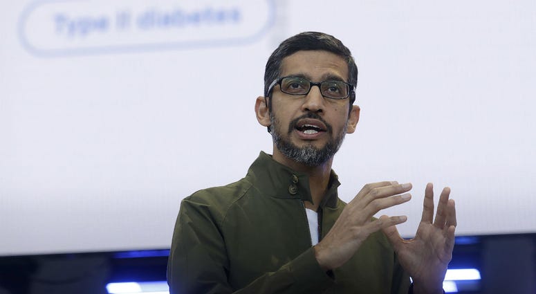 In this May 8, 2018, file photo, Google CEO Sundar Pichai speaks at the Google I/O conference in Mountain View, Calif. In this May 8, 2018, file photo, Google CEO Sundar Pichai speaks at the Google I/O conference in Mountain View, Calif.