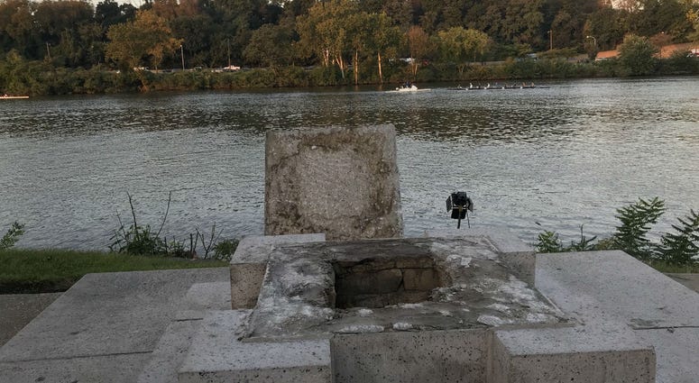 The statue of Thorfinn Karlsefni has been knocked into the Schuylkill River. The statue of Thorfinn Karlsefni has been knocked into the Schuylkill River.