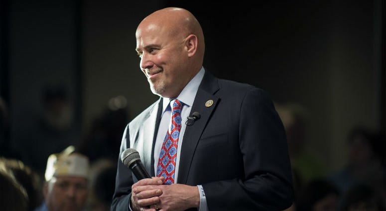 May 10, 2017; Willingboro, NJ, USA; Congressman Tom MacArthur (R-NJ) fields questions from constituents and other citizens during a town hall meeting in Willingboro.