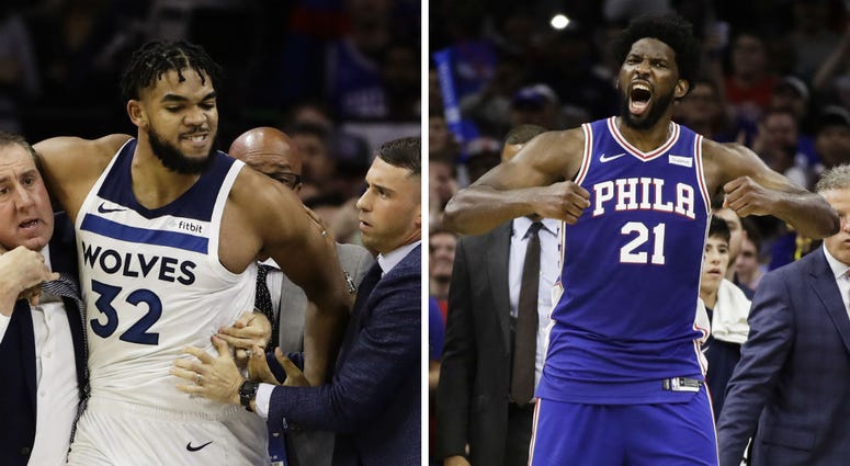 After a fight on court, Philadelphia 76ers' Joel Embiid and Minnesota Timberwolves' Karl-Anthony Towns were ejected during the second half of an NBA basketball game Wednesday, Oct. 30, 2019, in Philadelphia. From left: Minnesota Timberwolves' Karl-Anthony Towns and Philadelphia 76ers' Joel Embiid