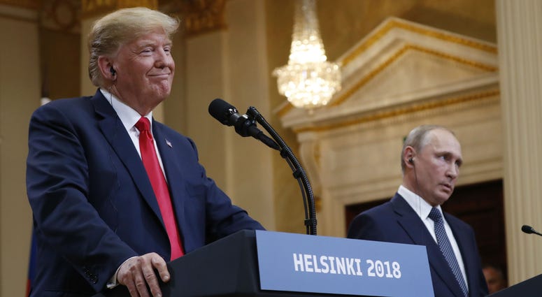 U.S. President Donald Trump, left, smiles beside Russian President Vladimir Putin during a press conference after their meeting at the Presidential Palace in Helsinki, Finland, Monday, July 16, 2018. U.S. President Donald Trump, left, smiles beside Russian President Vladimir Putin during a press conference after their meeting at the Presidential Palace in Helsinki, Finland, Monday, July 16, 2018.