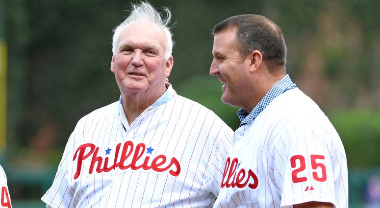 Philadelphia Phillies alumni Charlie Manuel and Jim Thome during a pregame ceremony against the New York Mets in 2017. Philadelphia Phillies alumni Charlie Manuel and Jim Thome during a pregame ceremony against the New York Mets in 2017.