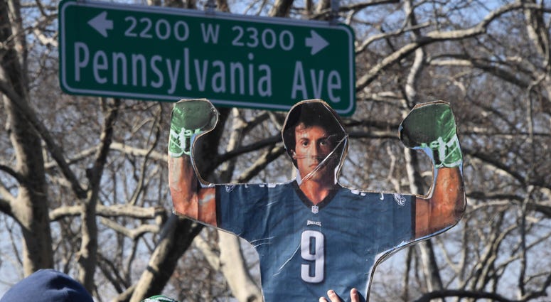 Feb 8, 2018; Philadelphia, PA, USA; A cutout of Sylvester Stallone in a Philadelphia Eagles jersey during Super Bowl LII champions parade. Feb 8, 2018; Philadelphia, PA, USA; A cutout of Sylvester Stallone in a Philadelphia Eagles jersey during Super Bowl LII champions parade.