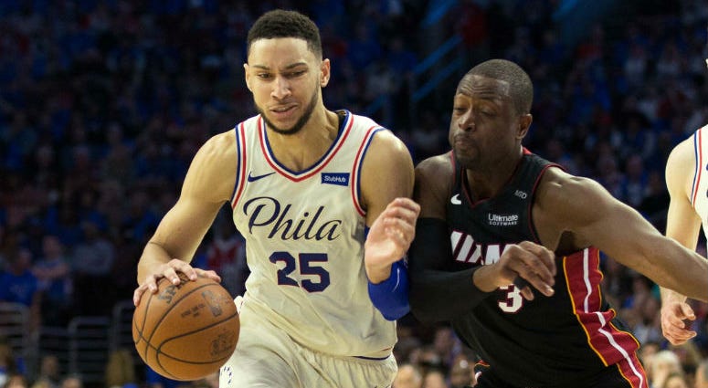 Philadelphia 76ers guard Ben Simmons (25) drives against Miami Heat guard Dwyane Wade. Sixers vs Heat