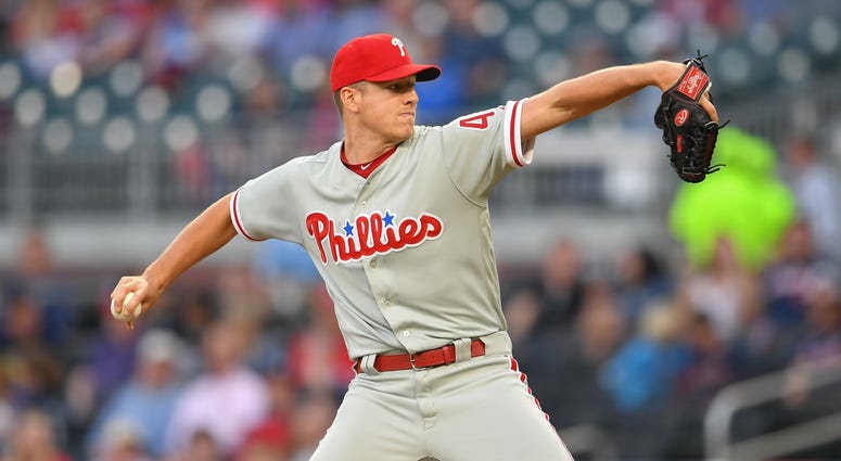 Nick Pivetta (43) pitches against the Atlanta Braves during the first inning at SunTrust Park. Nick Pivetta