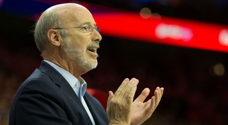 May 7, 2018; Philadelphia, PA, USA; Pennsylvania governor Tom Wolf cheers on during the third quarter in game four of the second round of the 2018 NBA Playoffs between the Philadelphia 76ers and the Boston Celtics at Wells Fargo Center. May 7, 2018; Philadelphia, PA, USA; Pennsylvania governor Tom Wolf cheers on during the third quarter in game four of the second round of the 2018 NBA Playoffs between the Philadelphia 76ers and the Boston Celtics at Wells Fargo Center.