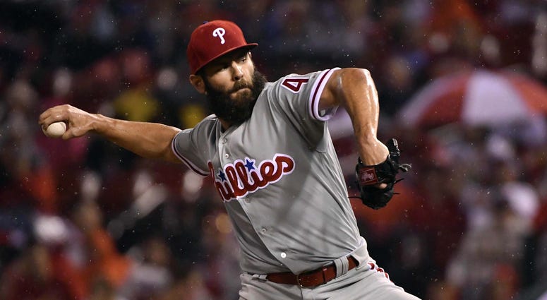 Philadelphia Phillies starting pitcher Jake Arrieta (49) pitches during the third inning against the St. Louis Cardinals. Jake Arrieta