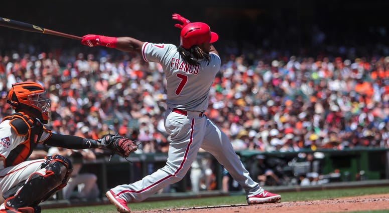 Philadelphia Phillies third baseman Maikel Franco (7) hits a single during the fourth inning against the San Francisco Giants at AT&T Park. Philadelphia Phillies third baseman Maikel Franco (7) hits a single during the fourth inning against the San Francisco Giants at AT&T Park.