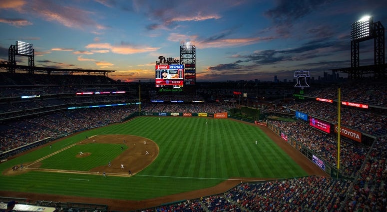General view at dusk during the fourth inning of a game between the Philadelphia Phillies and the San Diego Padres at Citizens Bank Park. Citizens Bank Park