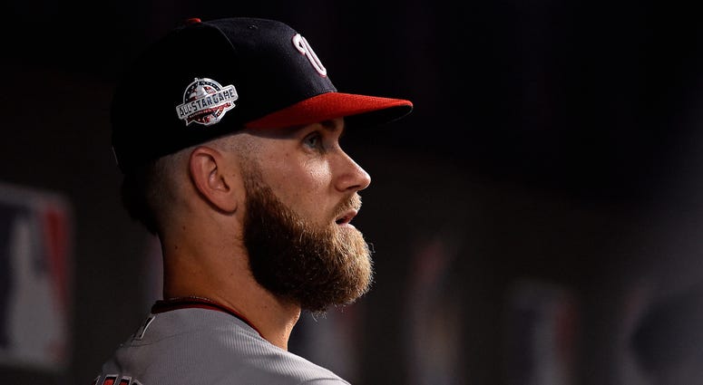 Washington Nationals right fielder Bryce Harper (34) looks on between innings against the Miami Marlins at Marlins Park, Sept. 18. 2018. Bryce Harper