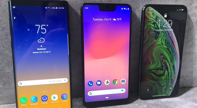 From left: Samsung's Galaxy Note 9, Google's Pixel 3 XL and the iPhone XS Max. From left: Samsung's Galaxy Note 9, Google's Pixel 3 XL and the iPhone XS Max.