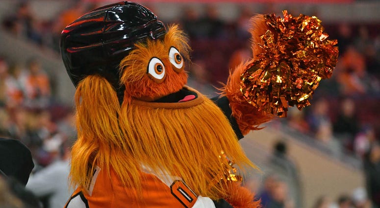 Philadelphia Flyers mascot Gritty performs during a timeout in the third period against the Florida Panthers at Wells Fargo Center. Gritty