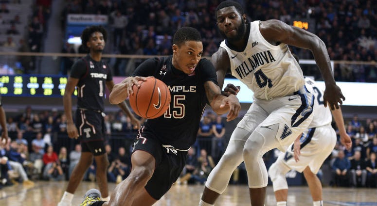 Dec 5, 2018; Villanova, PA, USA; Temple Owls guard Nate Pierre-Louis (15) dribbles past Villanova Wildcats forward Eric Paschall (4) during the second half at Finneran Pavilion. Dec 5, 2018; Villanova, PA, USA; Temple Owls guard Nate Pierre-Louis (15) dribbles past Villanova Wildcats forward Eric Paschall (4) during the second half at Finneran Pavilion.