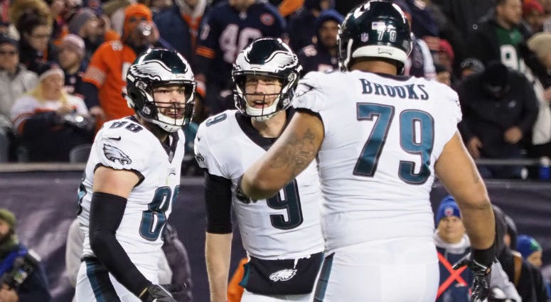 Jan 6, 2019; Chicago, IL, USA; Philadelphia Eagles tight end Dallas Goedert (88) celebrates with teammates including Nick Foles (9) and Brandon Brooks (79) after scoring a touchdown against the Chicago Bears in the second half of a NFC Wild Card playoff f Jan 6, 2019; Chicago, IL, USA; Philadelphia Eagles tight end Dallas Goedert (88) celebrates with teammates including Nick Foles (9) and Brandon Brooks (79) after scoring a touchdown against the Chicago Bears in the second half of a NFC Wild Card playoff f