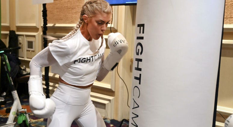 January 7, 2019; Las Vegas, NV, USA; Shanie \"Smash\" Rusth demonstrates the Fight Camp at Digital Experience, a media preview event at the Mirage Events Center. January 7, 2019; Las Vegas, NV, USA; Shanie \"Smash\" Rusth demonstrates the Fight Camp at Digital Experience, a media preview event at the Mirage Events Center.