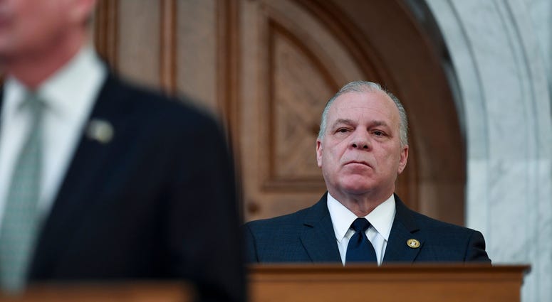 New Jersey Senate President Steve Sweeney listens as Gov. Phil Murphy, left, delivers a speech on the state budget on March 5, 2019, in Trenton. New Jersey Senate President Steve Sweeney