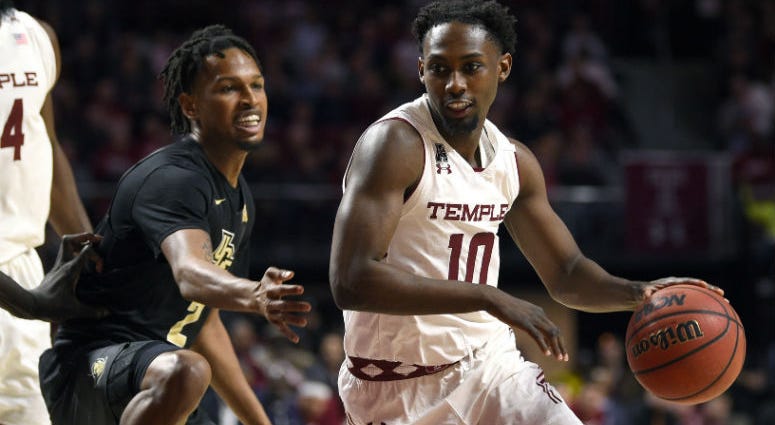 Mar 9, 2019; Philadelphia, PA, USA; Temple Owls guard Shizz Alston Jr. (10) dribbles past UCF Knights guard Terrell Allen (2) during the first half at Liacouras Center. Mar 9, 2019; Philadelphia, PA, USA; Temple Owls guard Shizz Alston Jr. (10) dribbles past UCF Knights guard Terrell Allen (2) during the first half at Liacouras Center.