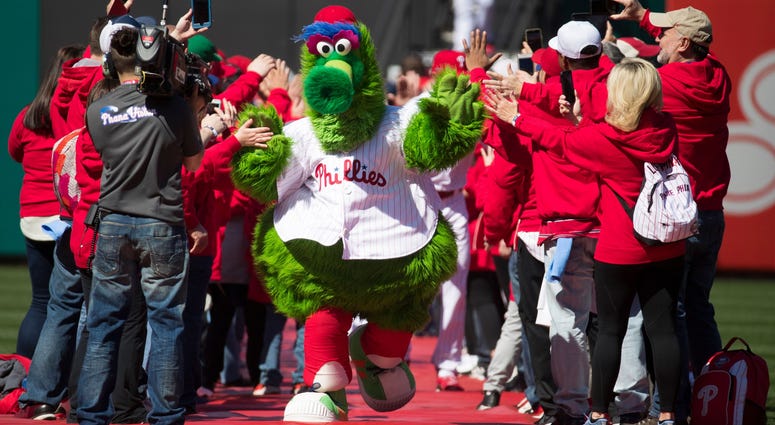The Phillie Phanatic takes to the field on 2019 opening day at Citizens Bank Park. The Phillie Phanatic takes to the field on 2019 opening day at Citizens Bank Park.