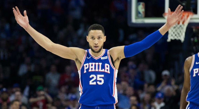 Apr 15, 2019; Philadelphia, PA, USA; Philadelphia 76ers guard Ben Simmons (25) reacts to the crowd after a score against the Brooklyn Nets during the first quarter in game two of the first round of the 2019 NBA Playoffs at Wells Fargo Center. Apr 15, 2019; Philadelphia, PA, USA; Philadelphia 76ers guard Ben Simmons (25) reacts to the crowd after a score against the Brooklyn Nets during the first quarter in game two of the first round of the 2019 NBA Playoffs at Wells Fargo Center.