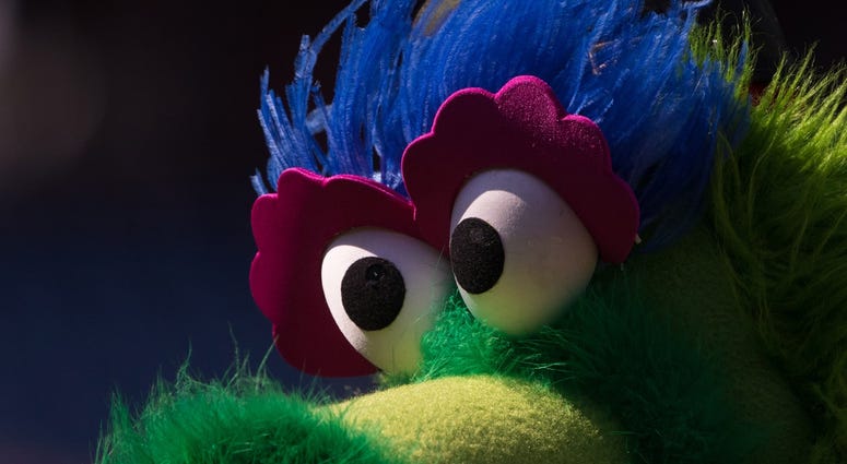 One last look at the Phanatic's original eyes, as the mascot is sporting an updated look, unveiled at the team's Grapefruit League home opener Sunday. The Phillie Phanatic looks on before action between the Philadelphia Phillies and the Colorado Rockies at Citizens Bank Park, May 18, 2019.