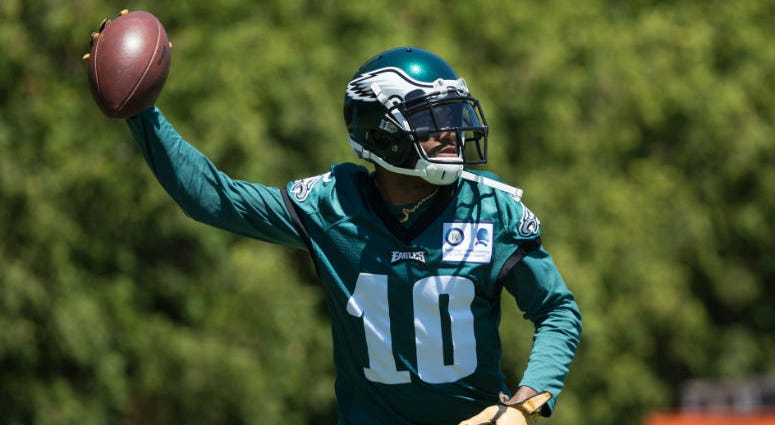 Jun 11, 2019; Philadelphia, PA, USA; Philadelphia Eagles wide receiver DeSean Jackson (10) tosses the ball during Minicamp at Novacare Complex. Jun 11, 2019; Philadelphia, PA, USA; Philadelphia Eagles wide receiver DeSean Jackson (10) tosses the ball during Minicamp at Novacare Complex.