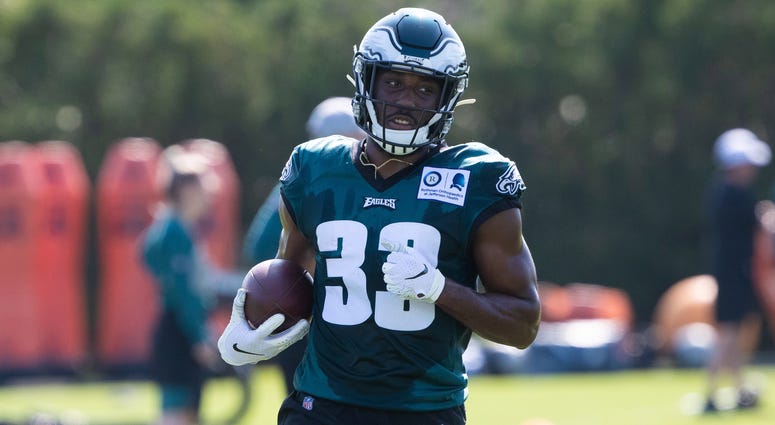 Philadelphia Eagles running back Josh Adams (33) runs with the ball during training camp at Novacare Complex, July 26, 2019. Philadelphia Eagles running back Josh Adams