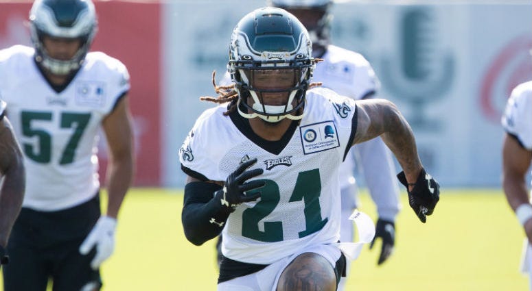 Jul 26, 2019; Philadelphia, PA, USA; Philadelphia Eagles cornerback Ronald Darby (21) runs drills during training camp at Novacare Complex. Jul 26, 2019; Philadelphia, PA, USA; Philadelphia Eagles cornerback Ronald Darby (21) runs drills during training camp at Novacare Complex.