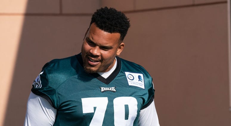 Philadelphia Eagles offensive tackle Lane Johnson (65) and offensive guard Brandon Brooks (79) during training camp at Novacare Complex. Philadelphia Eagles offensive tackle Lane Johnson (65) and offensive guard Brandon Brooks (79) during training camp at Novacare Complex.