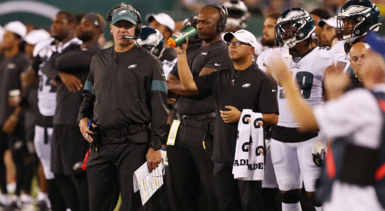 Aug 29, 2019; East Rutherford, NJ, USA; Philadelphia Eagles head coach Doug Pederson during the second quarter against the New York Jets at MetLife Stadium. Philadelphia Eagles head coach Doug Pederson during the second quarter against the New York Jets at MetLife Stadium.